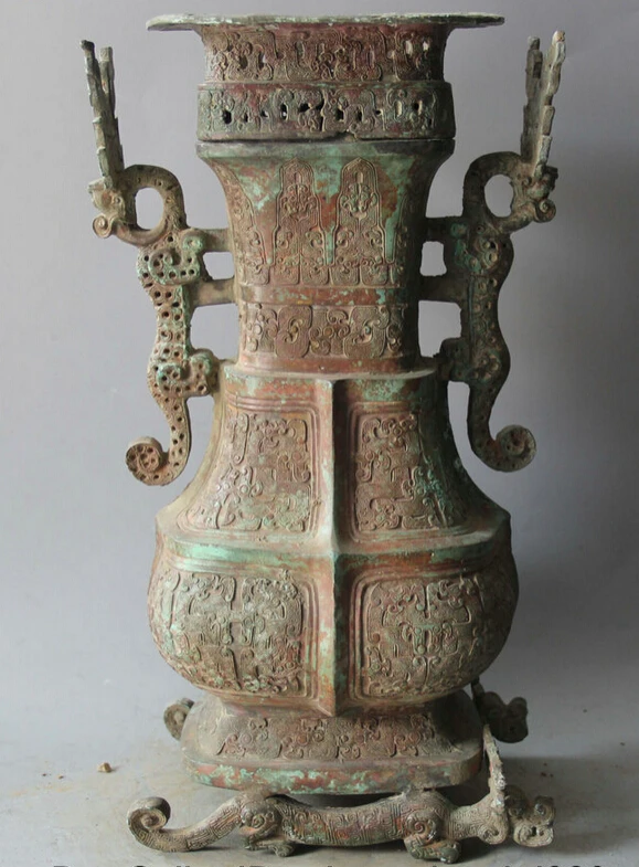 

song voge gem S5640 16" Archaic Chinese Bronze Beast Handle Water Wine Vessel Vase Pot Jar Crock Zun