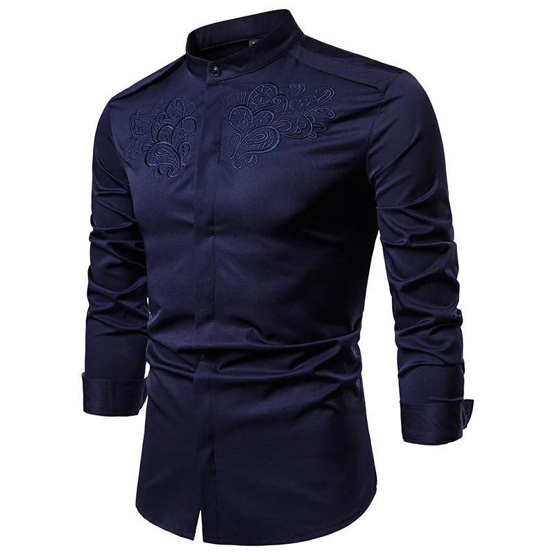 2018 الخريف الرجعية نمط الصلبة الزهور المطرزة الصلبة قمصان صالح سليم عارضة طويلة الأكمام قميص أبيض سليم صالح القمم الأبيض