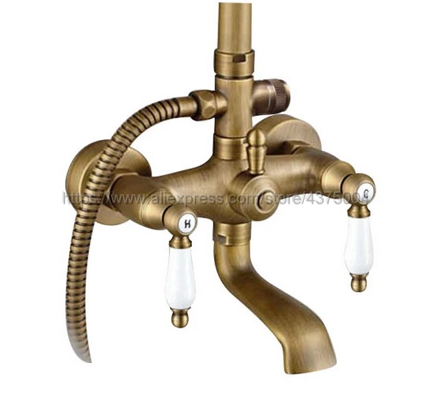 Antique Brass Bath Shower Mixer Faucet Tub Spout Wall Mount 8.2" Rainfall Shower Head + Handshower Nan801