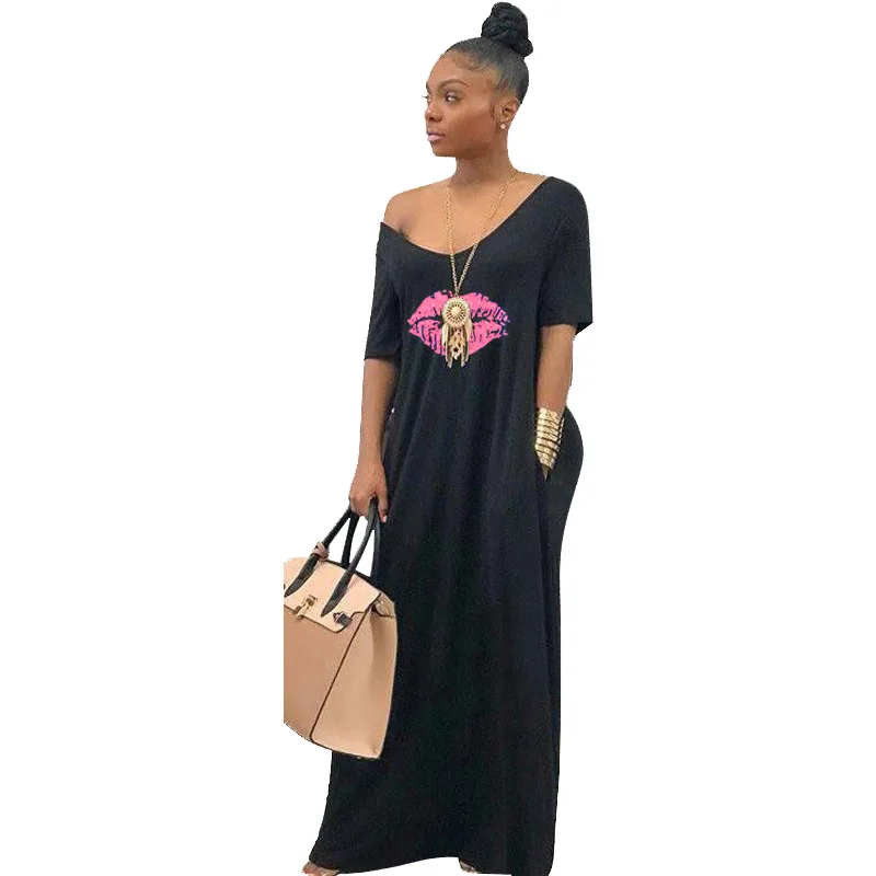 

Print Short Sleeve V-Neck Loose Sexy Ladies Casual Long Dress Summer New Fashion Women Clothes Plus Size Party Club Maxi Dresses