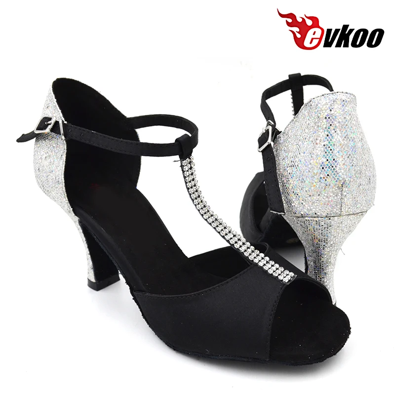 Evkoodance 8 см Высота каблука Женская танцевальная обувь Профессиональный открытый носок черный атлас с блестками Evkoo-439