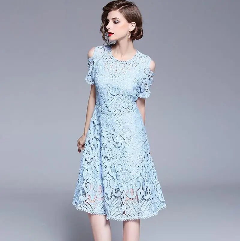 crochet hollow lace dresses zipper fashion strapless slash collar big swing sexy dress hot sale High Quality Elegant Party Dress