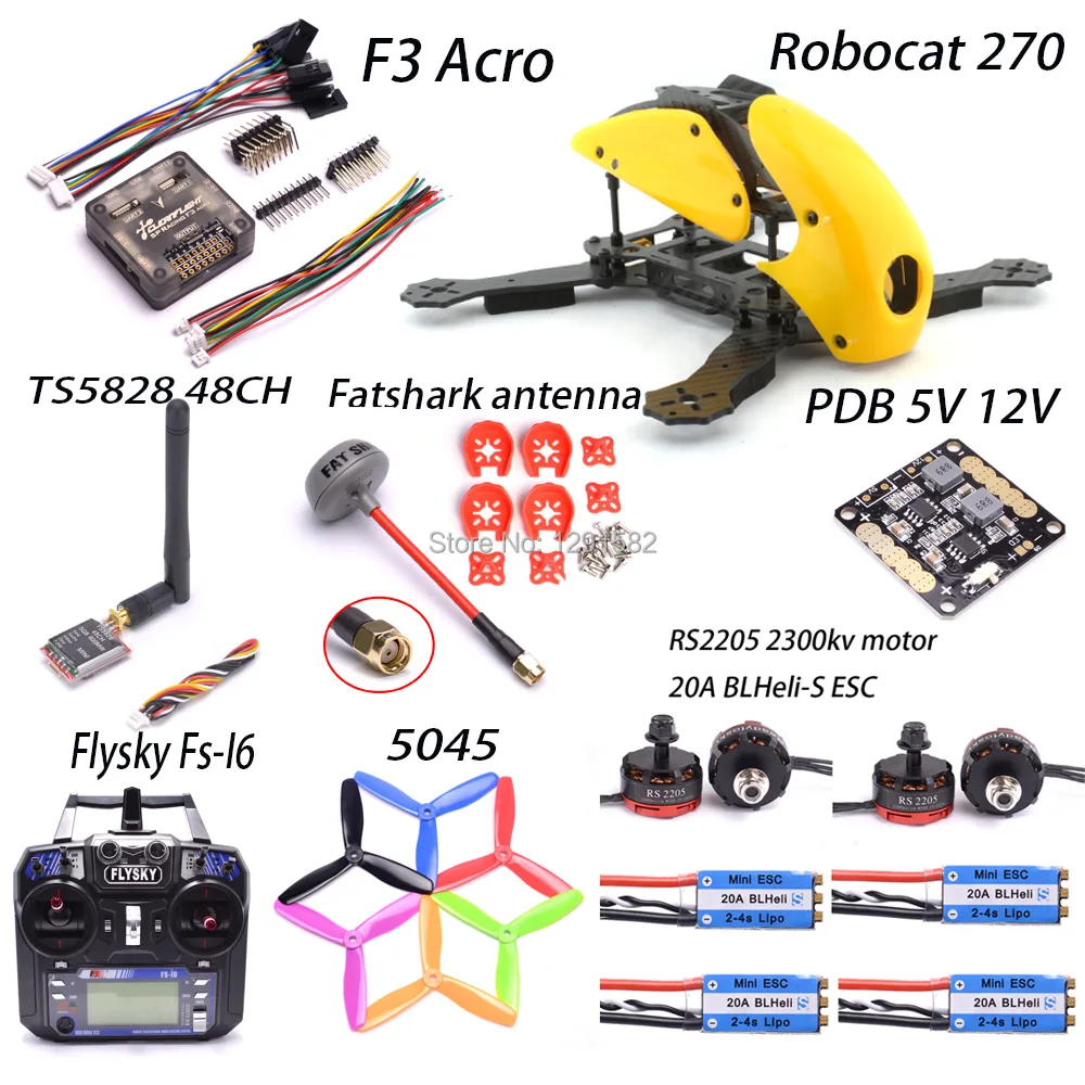 

Robocat 270 270mm quadcopter Frame F3 Acro flight controller RS2205 motor 20A BLHeli-s ESC TS5828 Fatshark Antenna 5V 12V PDB