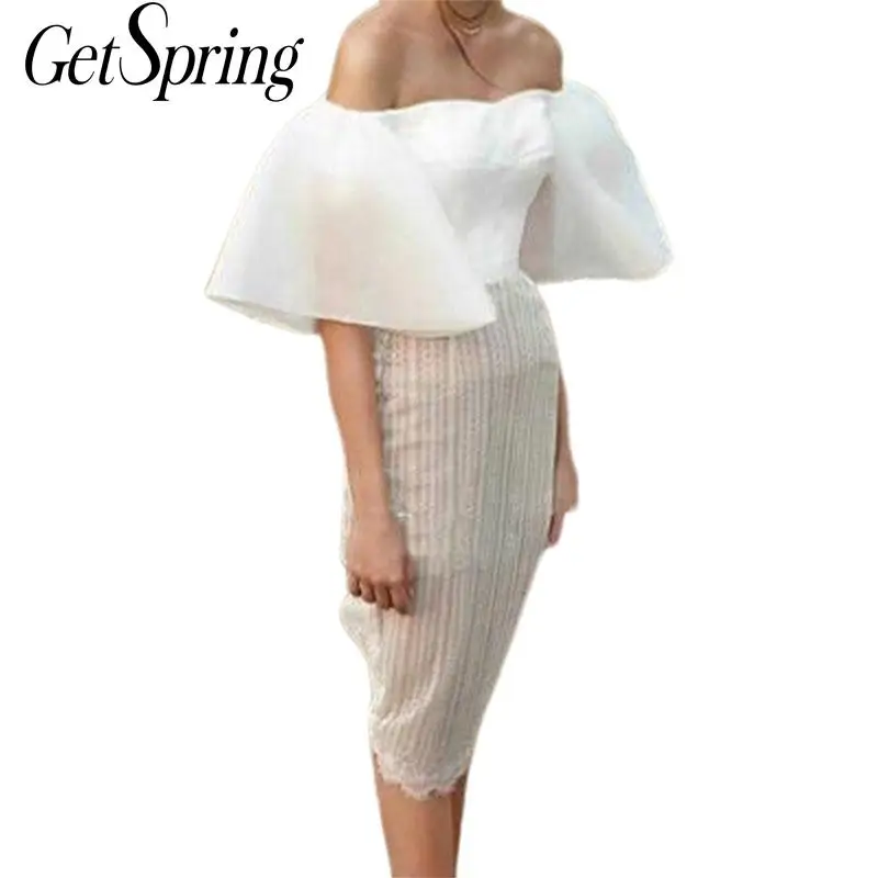 

GETSRING Women's Sets Slash Neck Lotus Leaf Edge Short White Top Wrapped Hip Lace Skirt 2 Pcs Set Women 2 Piece Skirt Sets AL