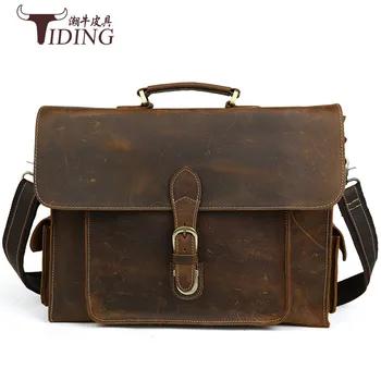 

Top Grade Male Men's Vintage Real Crazy Horse Leather Briefcase Messenger Shoulder Portfolio Laptop Bag 15" Case Handbag Bags