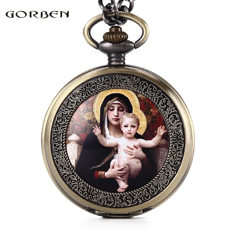 

Retro Blessed Virgin Mary Embrace Santo Nino Pocket Watch Womens Mens Classic Christian Catholicism Religious Faith Watches GO54