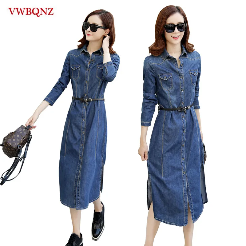 

High grade Casual Women Denim Dress Autumn OL Office Long Sleeve Jeans Dress Single Breasted Slim With Belted Ladies Denim Style