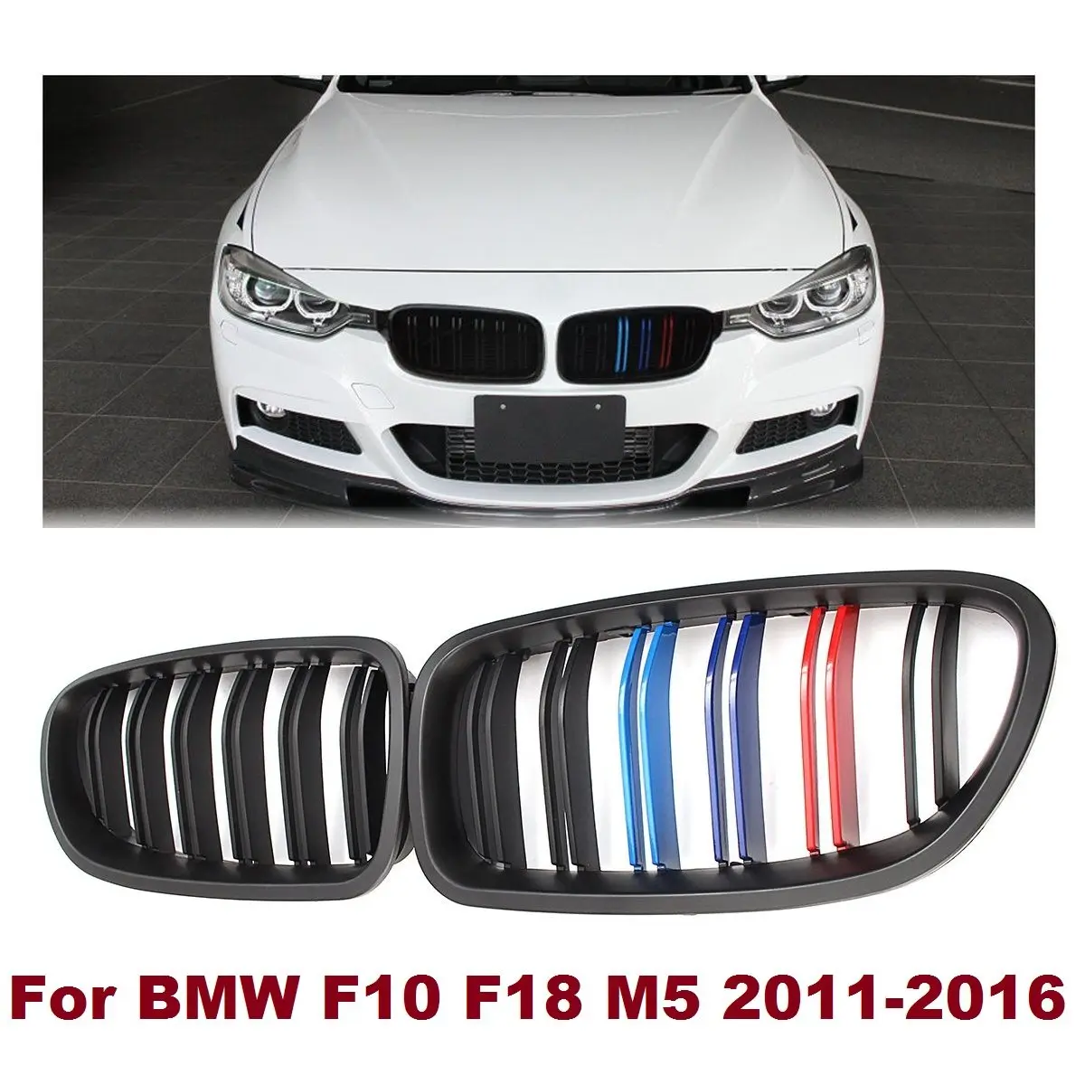 

Pair ABS M-style Color Matt Black Front Bumper Kidney Grille 2 Line Double Slat For BMW F10 F18 M5 2011 2012 2013 2014 2015 2016