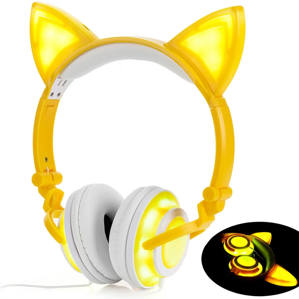 

LIMSON Wired Kids Headphones Foldable Cat Ear Headsets Cosplay Birthday Party Earphone With LED Light Glowing CR01-Yellow