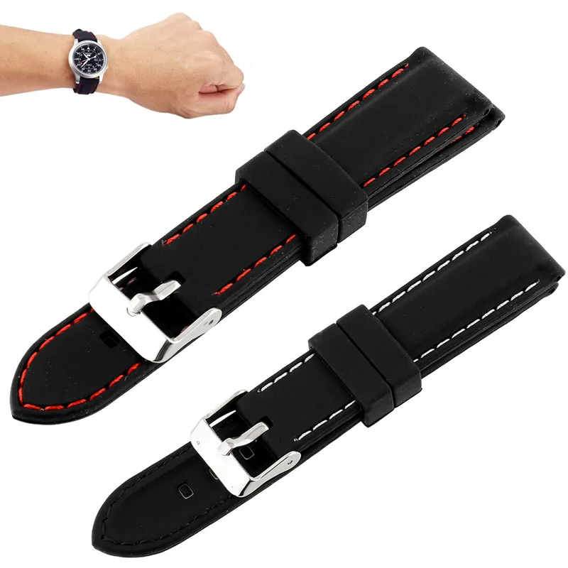 

Concealed rubber solid quartz watch strap - black red line or white line 20mm-24mm