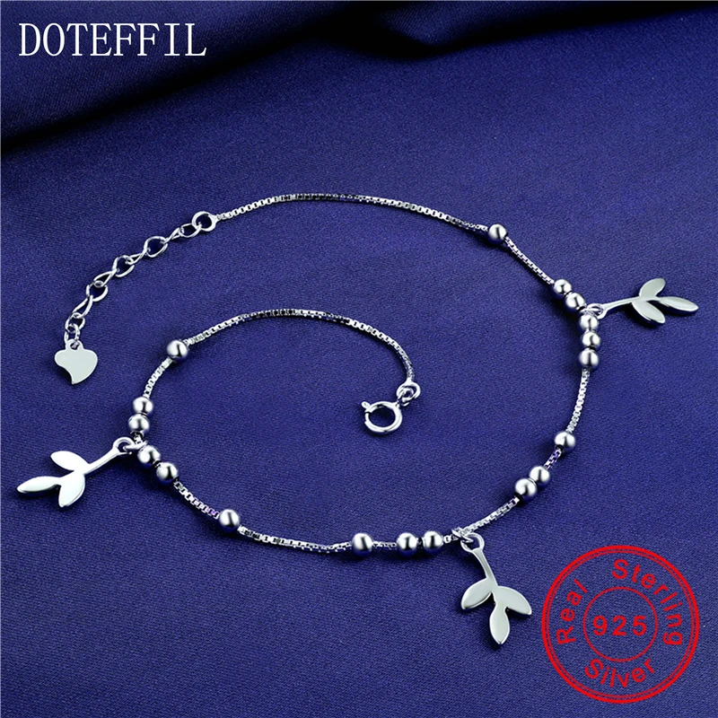 

925 Silver Anklet Woman Charm Leaf Pendant 100% Silver Anklet 3mm Bead Luxury Jewelry