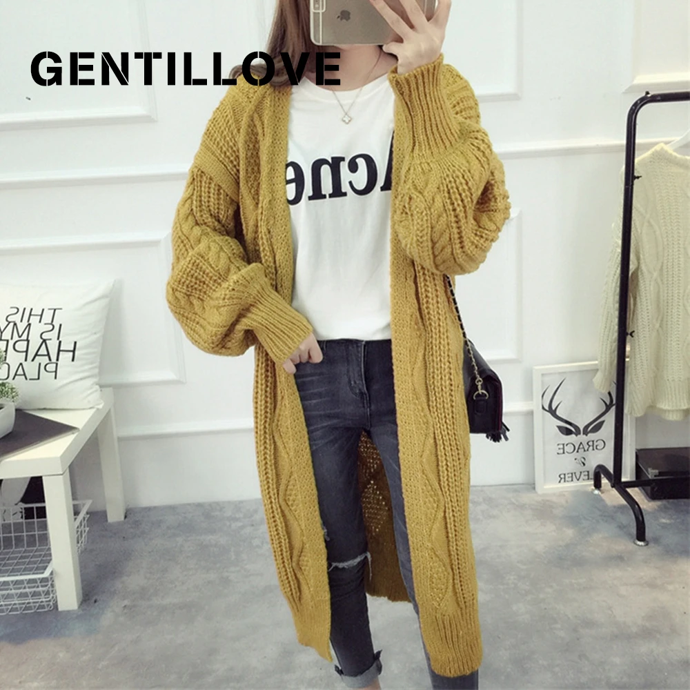 

Gentillove Women Winter Female Long Cardigans Korean Sweater Oversized Thick Warm Coats Latern Sleeve Casual Knitted Long Coat