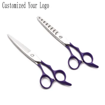 

6 inch JP 440C Customize Logo Violet Hadle Hairdressing Scissors Cutting Scissors Thinning Shears Willow Leaf Shape Hair Scissor