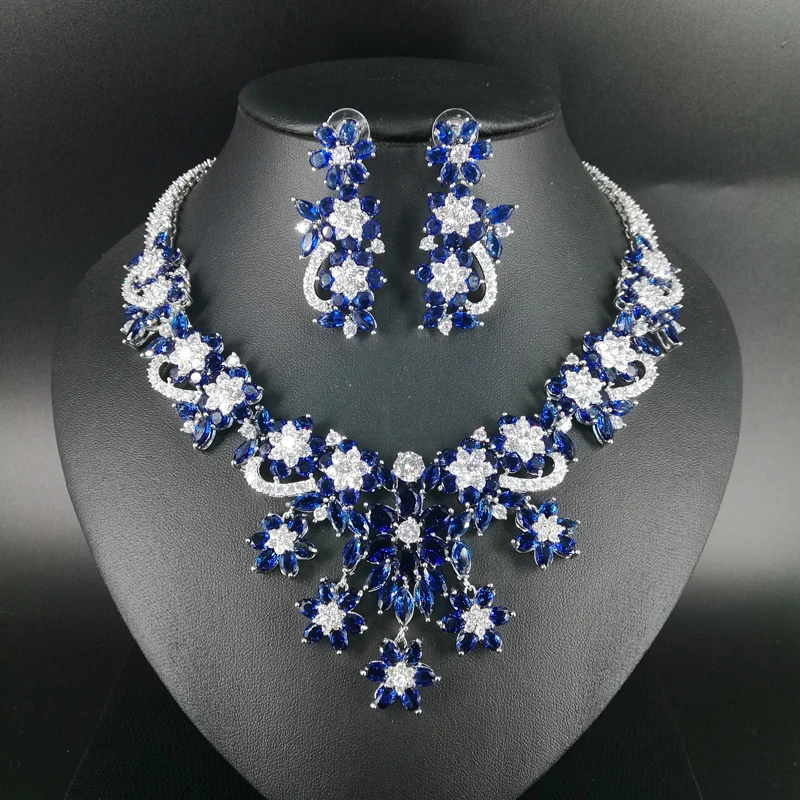 

2019 new fashion luxury retro palace blue flowers zircon necklace earring set,wedding bride dinner party formal jewelry set