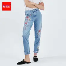 Весна Повседневная Женщины Карандаш Джинсы Высокая Талия Цветочные Вышивка Мода Голеностопного Длина Женщины Джинсовые Брюки