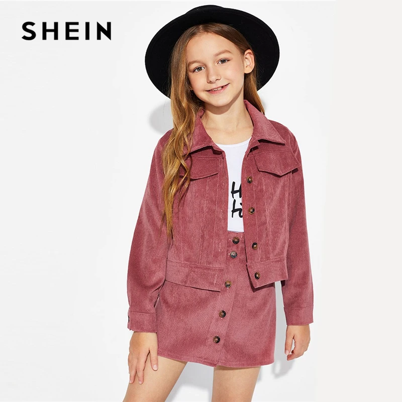 SHEIN Kiddie Rust Button Corduroy Jacket And Skirt Girls Clothing Two Piece Set 2019 Spring Long Sleeve Pocket Teenage Clothes