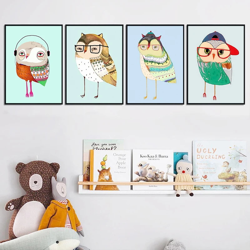 Modern-Watercolor-Cartoon-Cute-Colorful-owl-Art-Canvas-Painting-Posters-and-Prints-Picture-Kids-Room-Home (1)