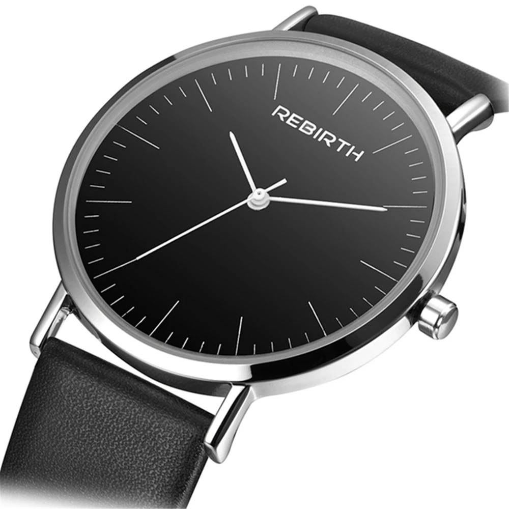 New REBIRTH Top Watches Men Luxury Brand PU Strap Slim Male Clock Men