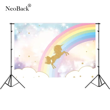 

NeoBack photo background golden unicorn rainbow birthday party light blue stars backdrop fantasy props newborn photocall P3162