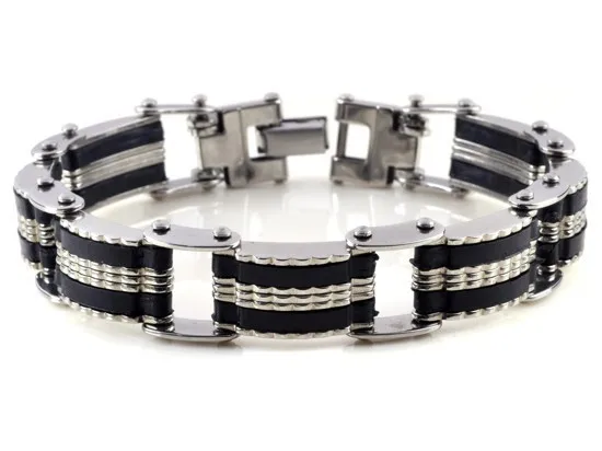 New-Men-s-High-Quality-Stainless-Steel-Bracelet-Silver-Link-Black-Rubber-Bangle (1)