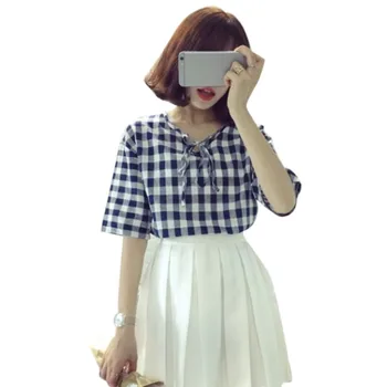 

Fashion Summer Plaid Blouse Loose Short Sleeve Lace Up Womens Tops And Blouses