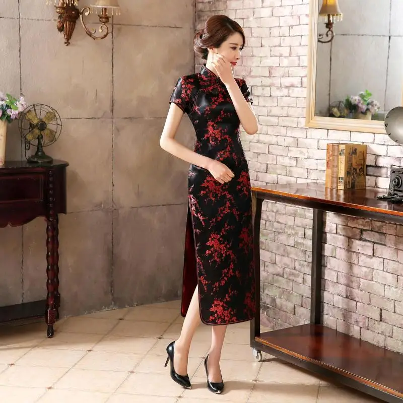 15 цветов китайское традиционное платье женское шелковое атласное Cheongsam с коротким рукавом длинное платье Qipao цветочный принт раскол свадебное платье