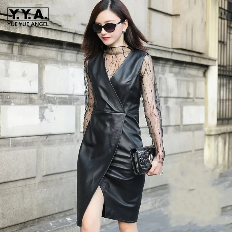 

Vintage Women 2019 Sexy Slit Sleeveless Sundress Genuine Leather V Neck OL Party Vestidos Female Straps Knee Length Slim Dresses