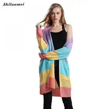 

Rainbow Colors Women Long Cardigan Sweater Striped Knitted Thick Female Clothes Outerwear Coat Long Sleeve Autumn Winter Casaco