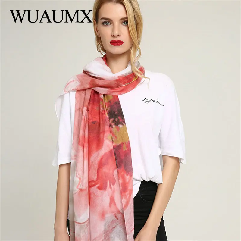 

Wuaumx Spring Autumn Women Scarf Graffiti Flower Print Scarves For Ladies Neckerchief Shawl Hijab Scarf foulard femme Wholesale