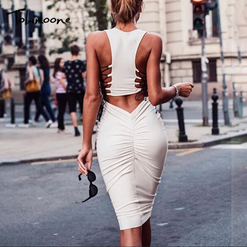 

Tobinoone 2018 Summer Solid Bandage Dress Sleeveless White Orange Slim Dresses Women Hollow Out Bodycon Club Wear Pencil Dress