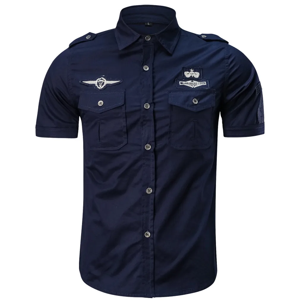 FREE OSTRICH Men Casual Cotton Military Style Short Sleeve Slim Shirt Lapel Button Shirt Fashion Clothing Comfort Plus Size 2nd - Цвет: Dark Blue