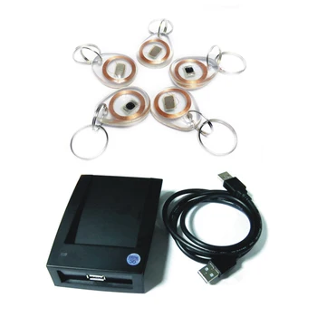 

Wholesale -15 style format output USB 125KHz EM4100 RFID Proximity Reader + 5 crystal Key Tags