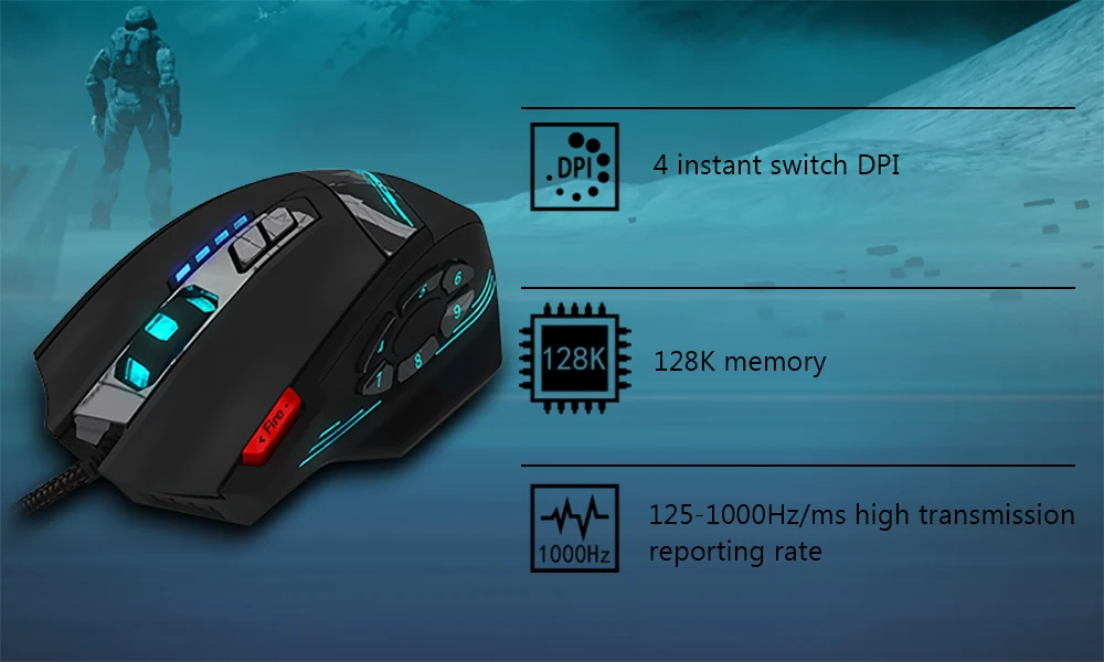 ZELOTES C-12 Computer Game Mice 4 Adjustable DPI 7 LED Lights Wired USB Optical Gaming Mouse 12 Programmable Buttons