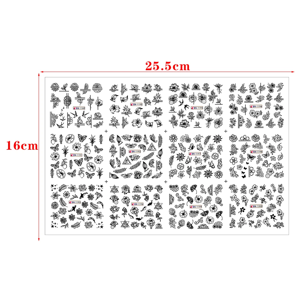 12 видов дизайн ногтей черная наклейка переноса воды Стикеры татуировки фольга DIY цветок розы слайдер обертывания бумага для маникюра украшения Маникюр