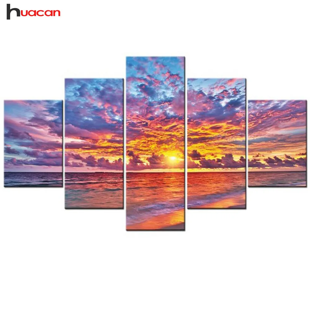 

5pcs Diamond Painting Cross-Stitch Sunset Sea Full Diamond Embroidery Scenic Beaded Rhinestone Mosaic Pattern