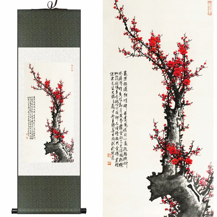 

Original Chinese Silk watercolor flower birds ink Plum blossom feng shui art canvas wall damask picture framed scroll painting