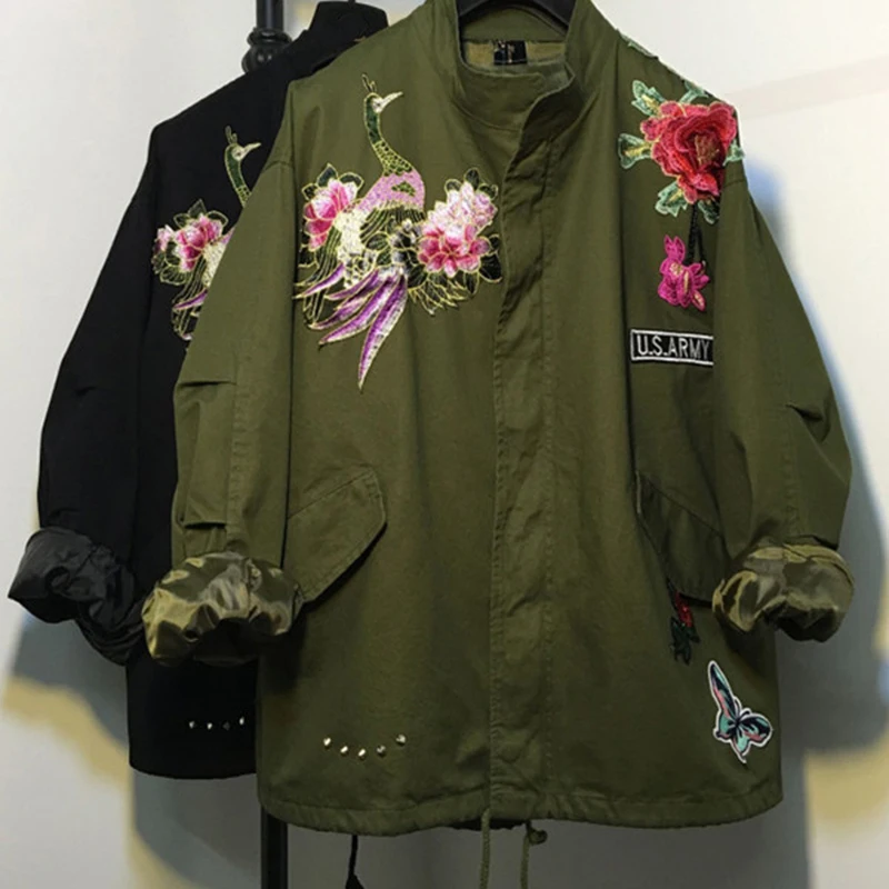 women army green casual jacket floral embroidery bomber Patch overcoat