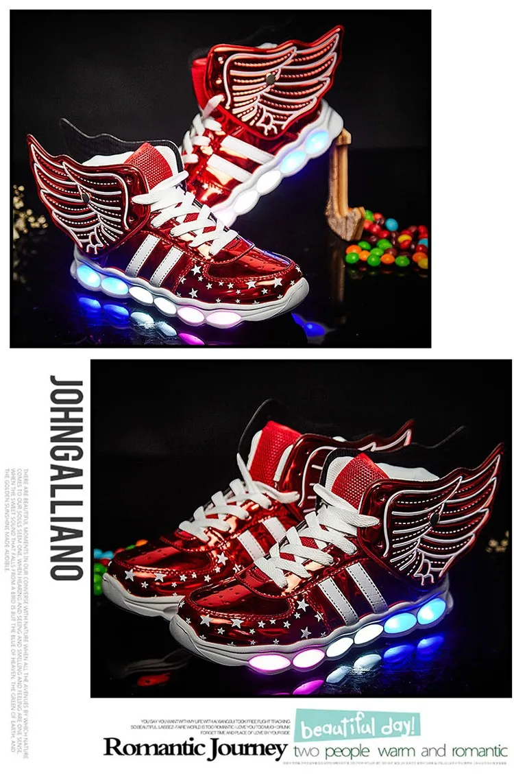 Meninas de Carregamento Crianças Sapatos Luminosa Meninos Usb Esporte Casuais Asa Brilhantes Tênis Luz Led 17 Mamãe e Bebê