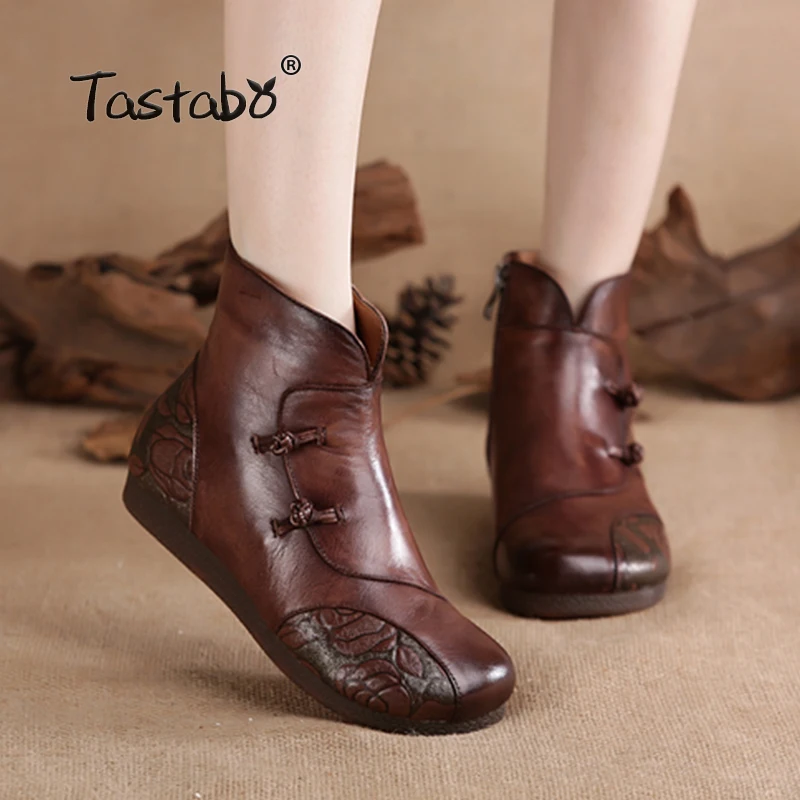 

Tastabo Handmade Ankle Boots Slip-on Retro Boots Shoes Women Fashion Soft Genuine Leather Martin Boots for Women