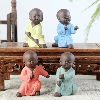 

Cute Figurines Buddhist Monks Purple Pottery Crafts Kung Fu Tea Pet Tea Tableware Home Decorations