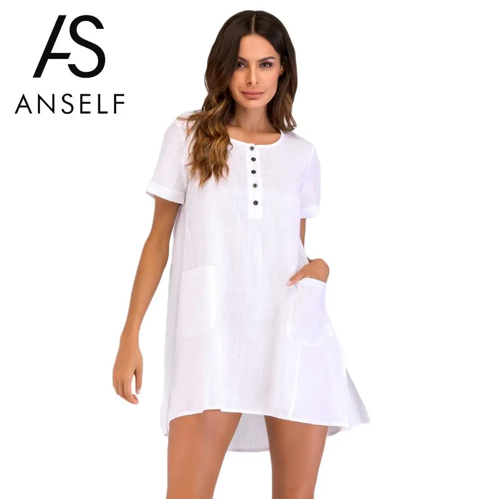 

Women Loose Cotton Dress Short Sleeves O-Neck Split Pocket Vintage Shirt Dresses White Mini casual dress Plus Size 3XL 4XL 5XL