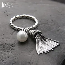 JINSE 925 Sterling Silver Open Ring For Women With Long Tassel Retro Style Do The Old Silver Shell Pearl Rings Bijoux Femme