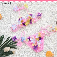 Купальный костюм с цветочным рисунком ручной работы для девочек, детский купальный костюм из двух предметов, детский розовый купальный костюм, милая пляжная одежда с лямкой на шее для детей 2-10 лет