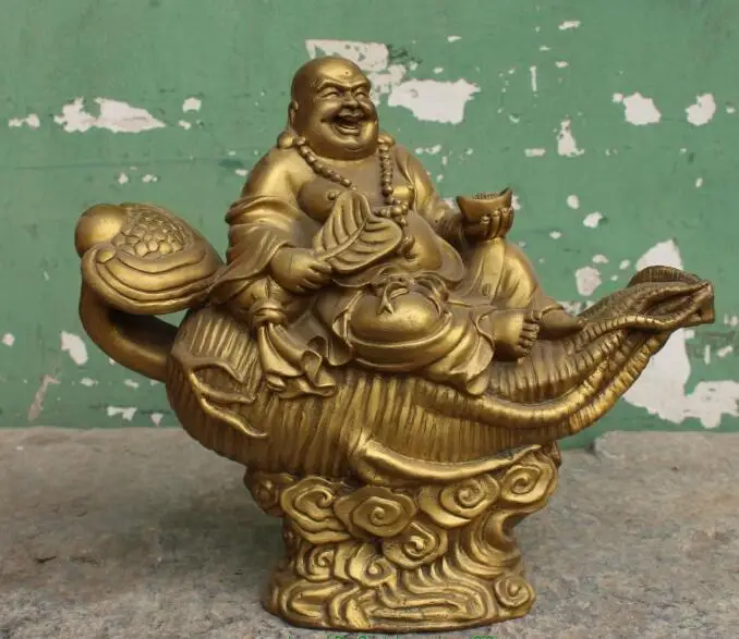 

S00280 13" Chinese Bronze Happy Laugh Maitreya Buddha Hold Fan YuanBao On Ruyi Statue (B0328)