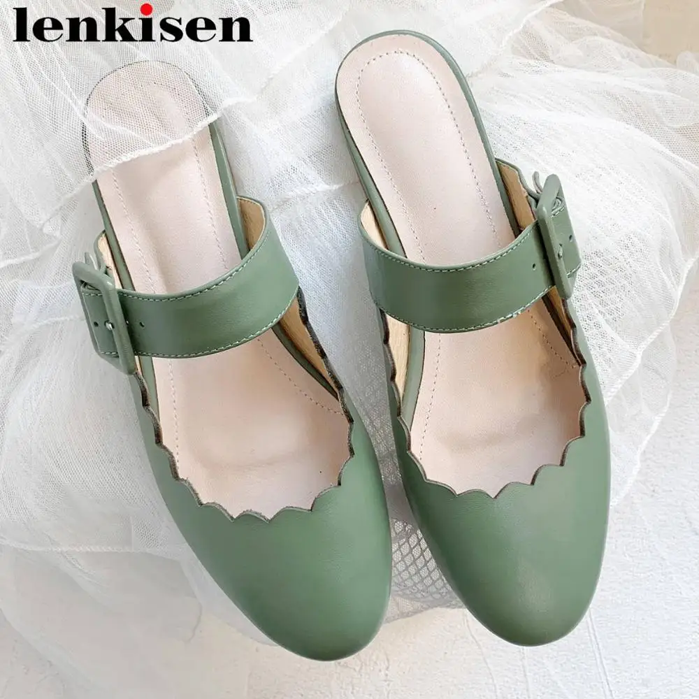 

Lenkisen lacework genuine leather slip on mules round toe outside vintage buckle summer women comfortable daily slippers L35