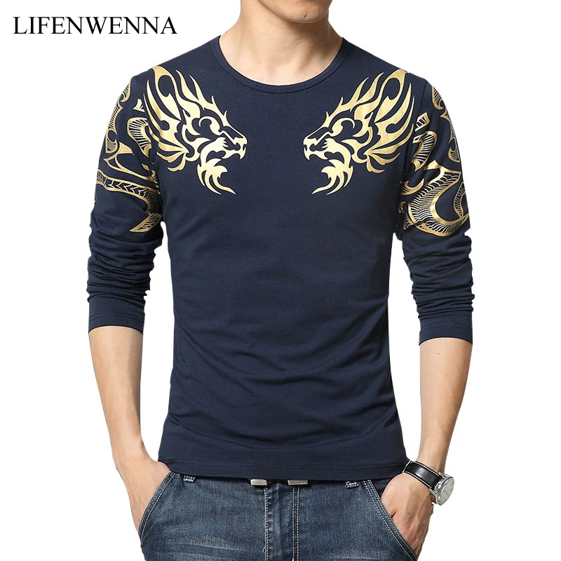 

2019 Autumn new high-end men's brand t-shirt fashion Slim Dragon printing atmosphere t shirt Plus size long-sleeved t shirt men