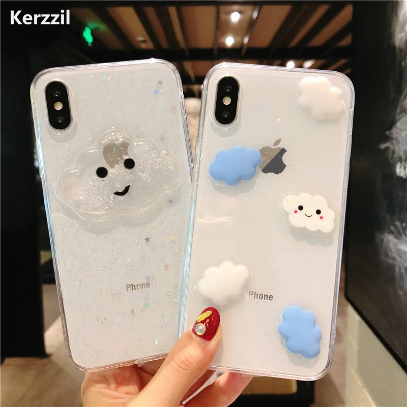 Kerzzil Cartoon White Clouds Phone Case For iPhone 7 Plus Transparent Soft Cases Ice Cream Glitter Cover X 8 6 6s | Мобильные