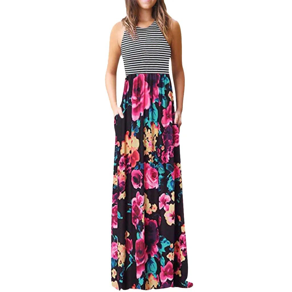 

Round Neck summer beach dress women Stripe Sleeveless Maxi Dresses Casual Long Dresse With Pocket vestido elbise robe#G6