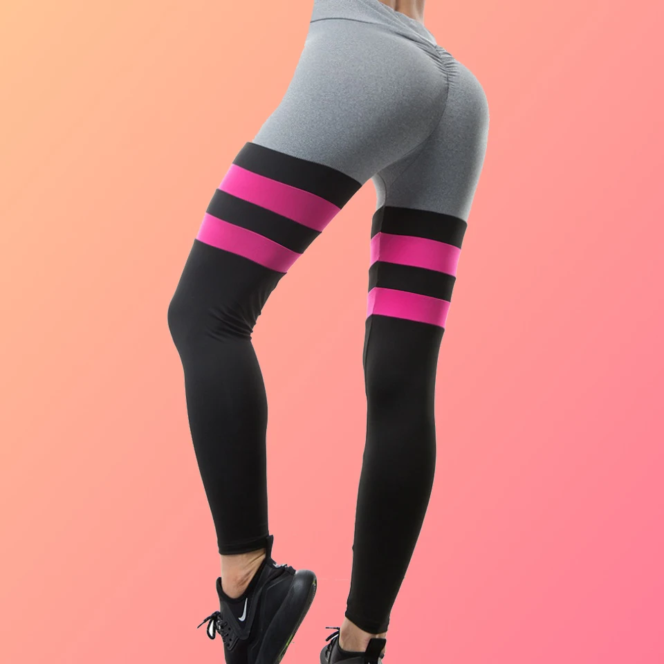 Розовые полосатые леггинсы Pantalon Yoga Femme Ruched Pants Butt Lift со складками женский для