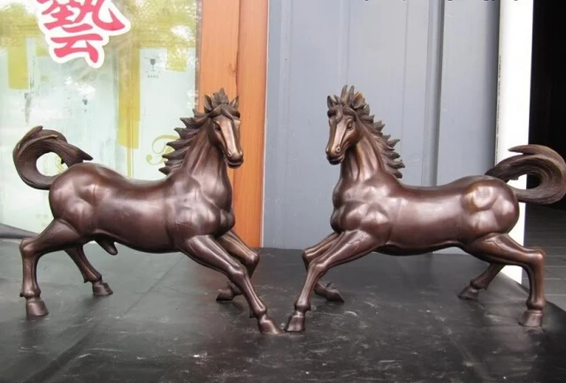 

song voge gem S0452 15"China Royal Pure Copper Bronze Lucky propitious rush about Horse Statue Pair